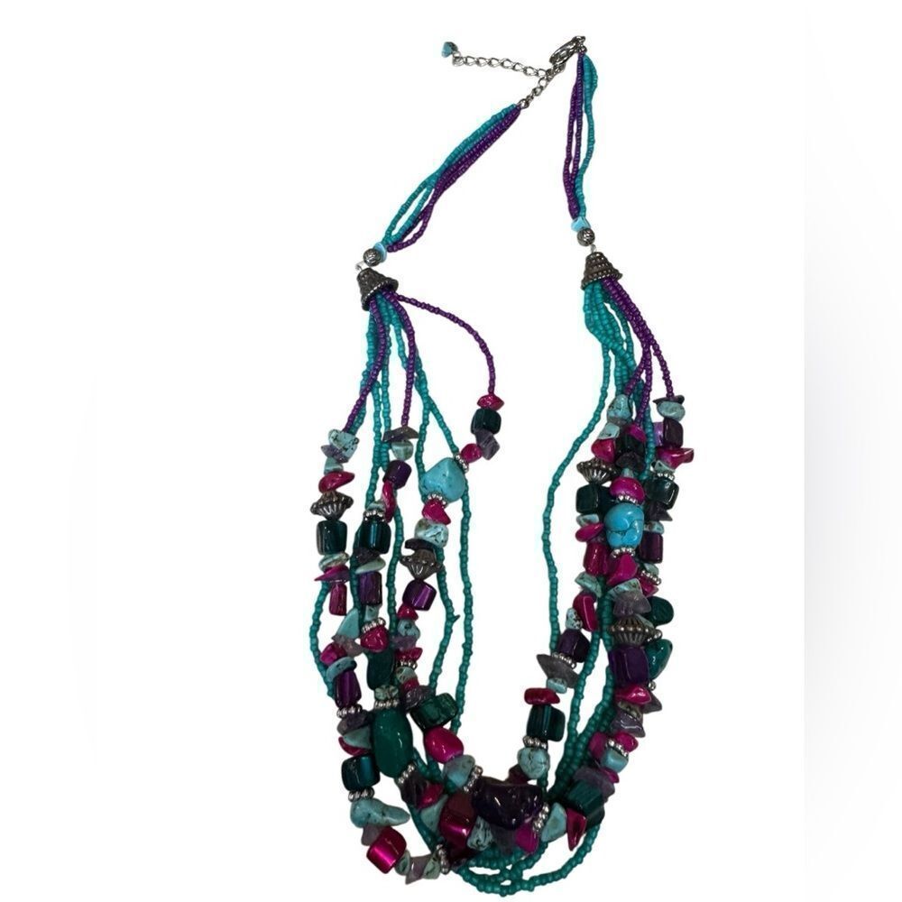 Real Turquoise & Glass Gemstone Multi Strand Necklace - Picture 6 of 7